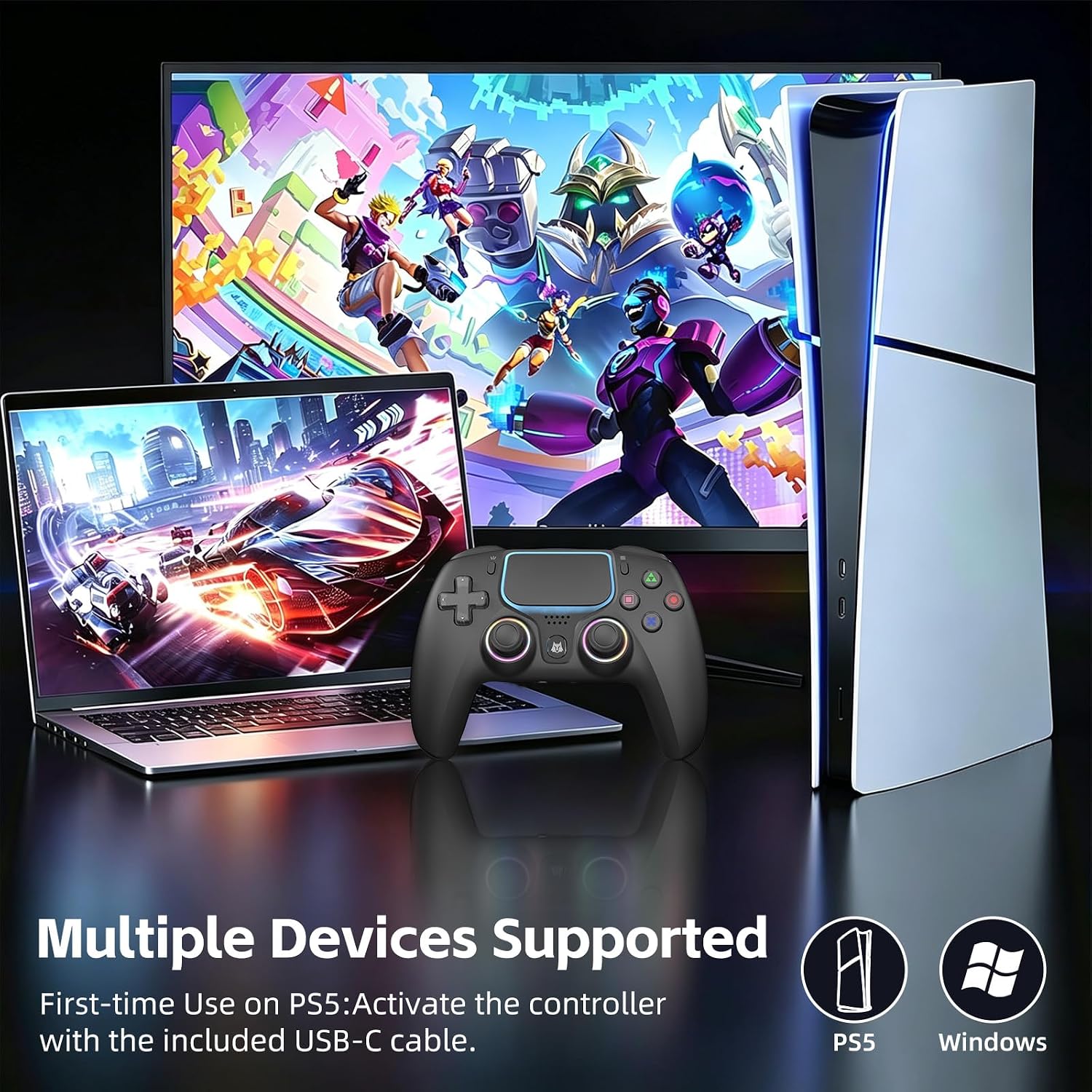Wireless PS5 Controller Hall Effect Anti-Drift Joystick Gaming Gamepad with Programmable Back Paddles Macro Turbo Dual Vibration 6-Axis Gyro Bluetooth 5.0 RGB 3.5mm Audio Jack for PS5 Slim Pro PC, Black image 2