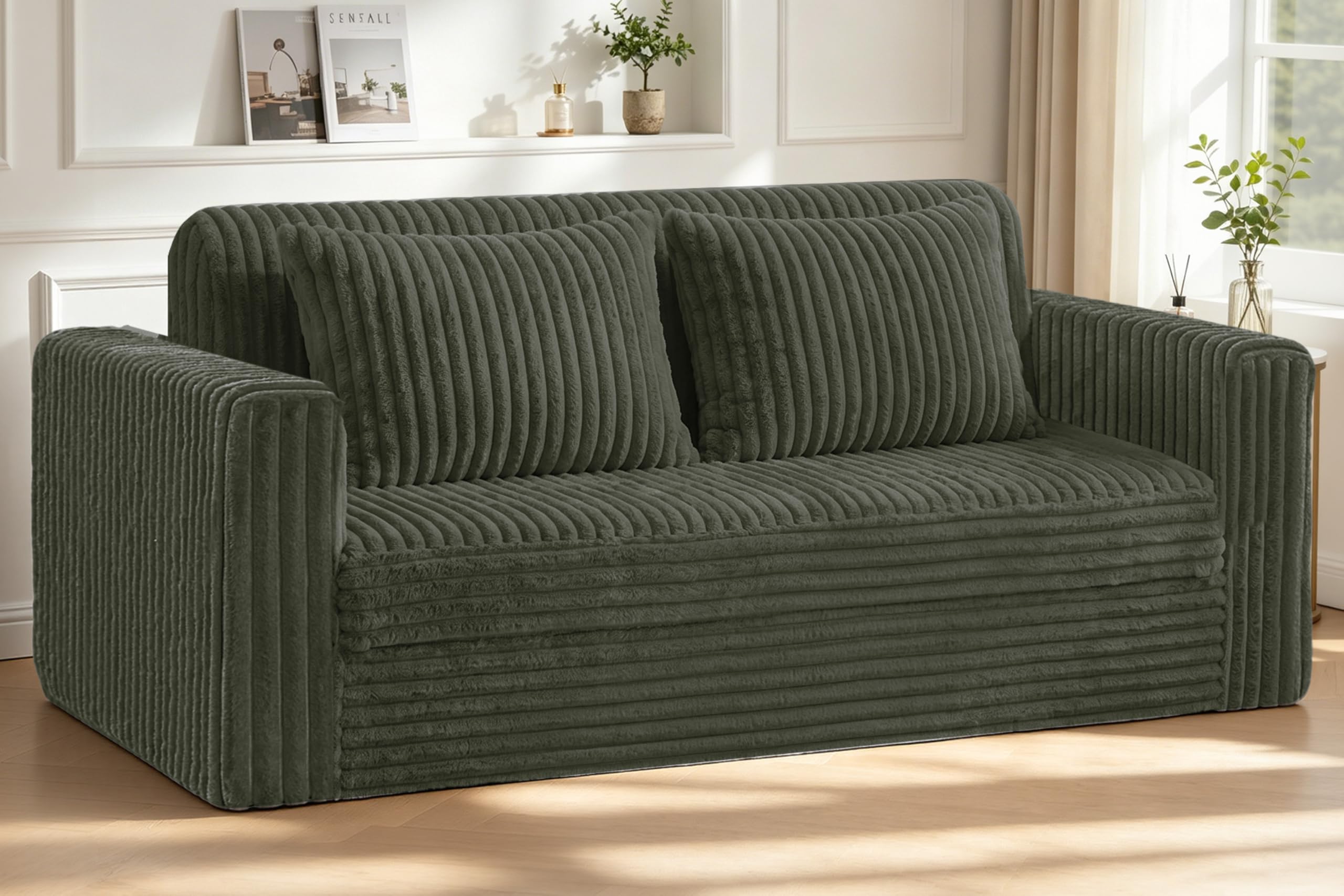 HABUTWAY 68" Loveseat Boneless Couch, 4-in-1 Convertible Sofa Bed, Plush Fur Folding Futon Sofa Bed Couches with 2 Pillows for Living Room, High-Density Foam Support, No Assembly Required, Green