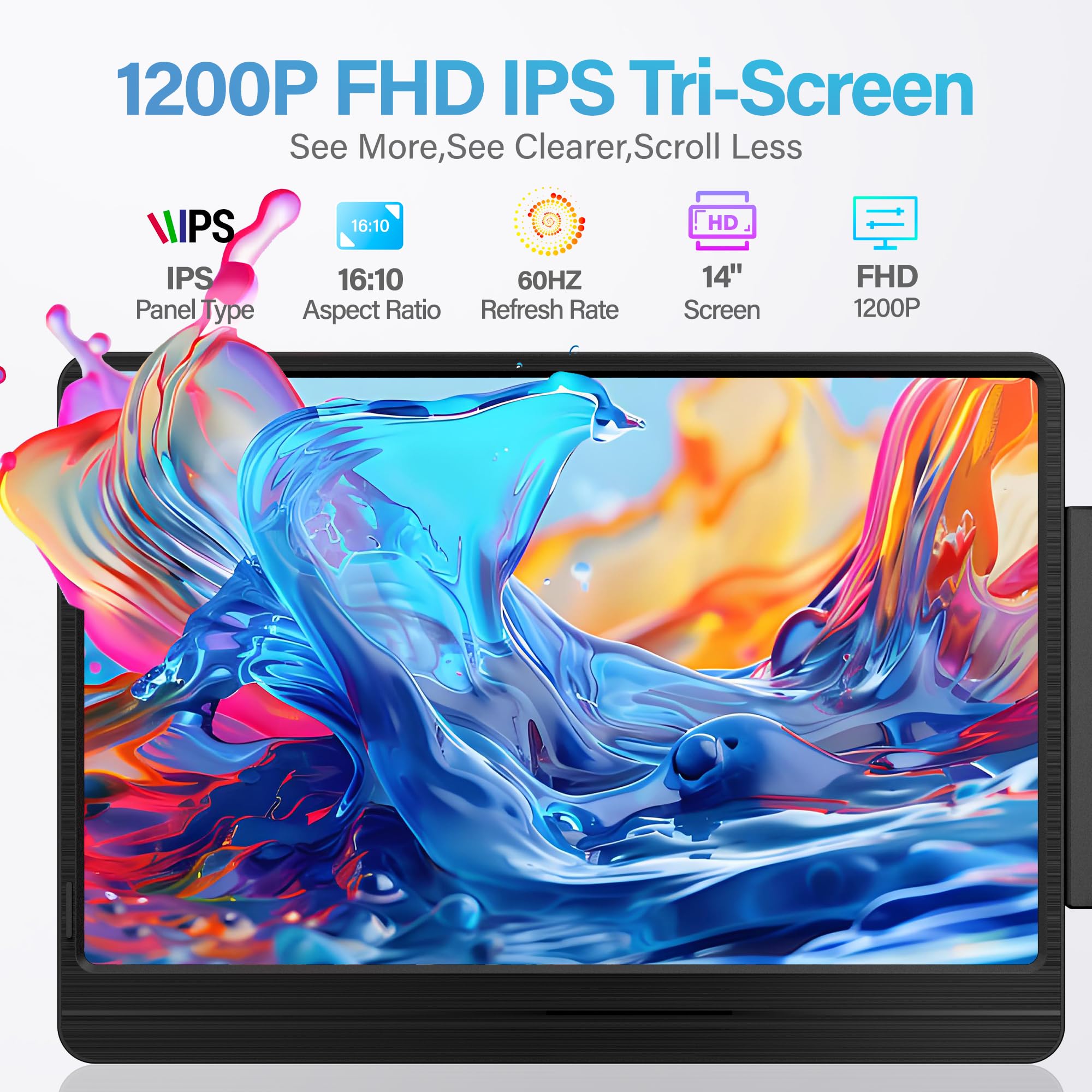 Laptop Screen Extender, 14’’FHD 1200P Triple Portable Monitor for Laptop Ultra-Slim IPS Display，HDMI/USB-C Plug and Play for 12"-17.5" Laptops Compatible with Win and MacBook for Travel /Home/Office — view 3