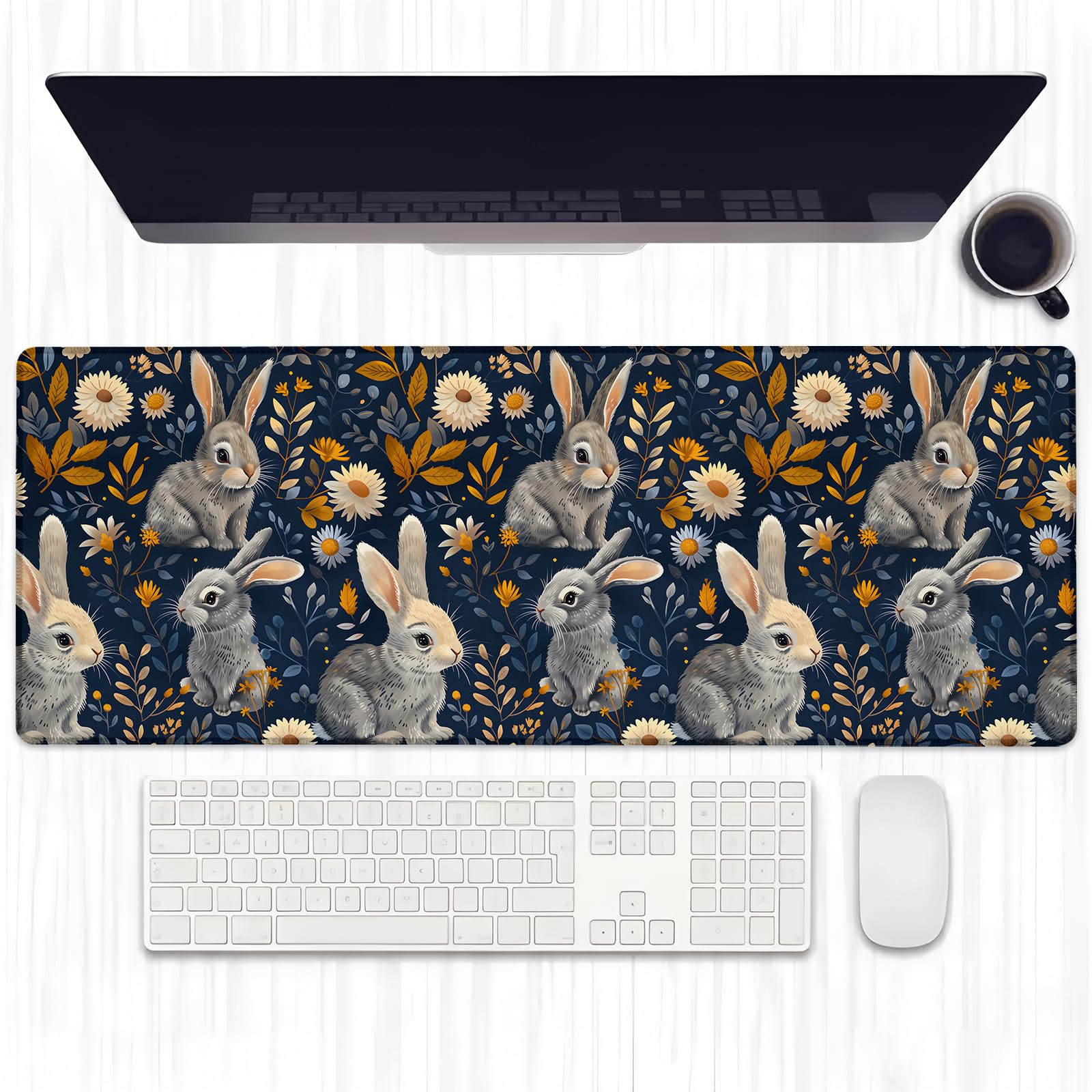 Ti Caldi Cute Rabbit and Floral Gaming Mouse Pad, Extended Lovely Bunny Desk Mat Computer Laptop Mousepad, Robust Stitched Edges, 31.5"×11.8" Large