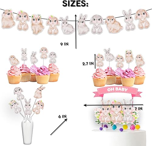 Miniatura 3 de Juego de decoraciones de fiesta de conejo: suministros de cumpleaños con pancarta, adornos para cupcakes, decoración para pasteles y centros de mesa