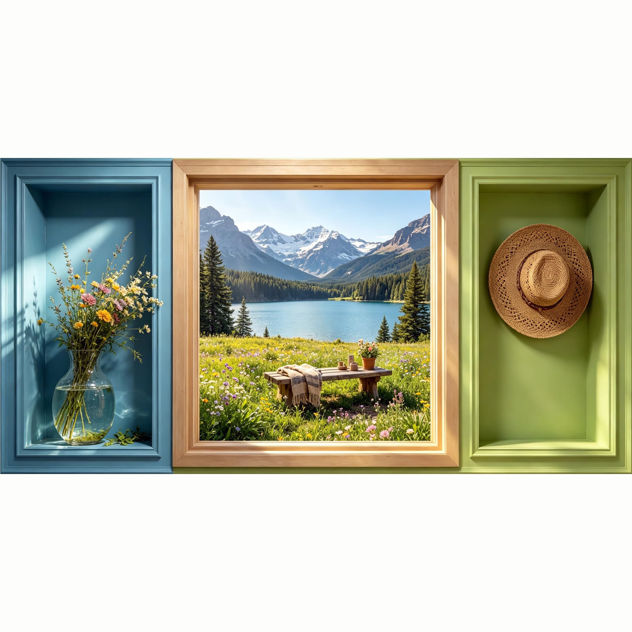 QZLITHOTIC 50x100cm 3D Framed Wall Art， Mountain Lake Landscape Wildflower Meadow Self‑Adhesive Mural， Water‑Activated Peel & Stick Fabric Decor Wall Decal for Bedroom Living Room