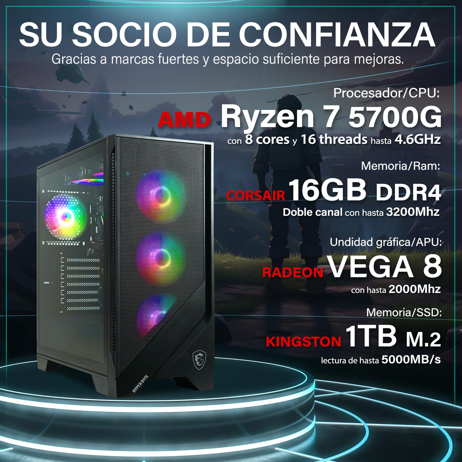 HYPER BYTE® - PC Gaming - Set Completo con AMD Ryzen 7 5700G | 16 GB de RAM DDR4 | SSD 1 TB | Monitor de 25 Pulgadas | Ratón & Teclado | WLAN | Win11 Pro | Ordenador sobremesa Gamers