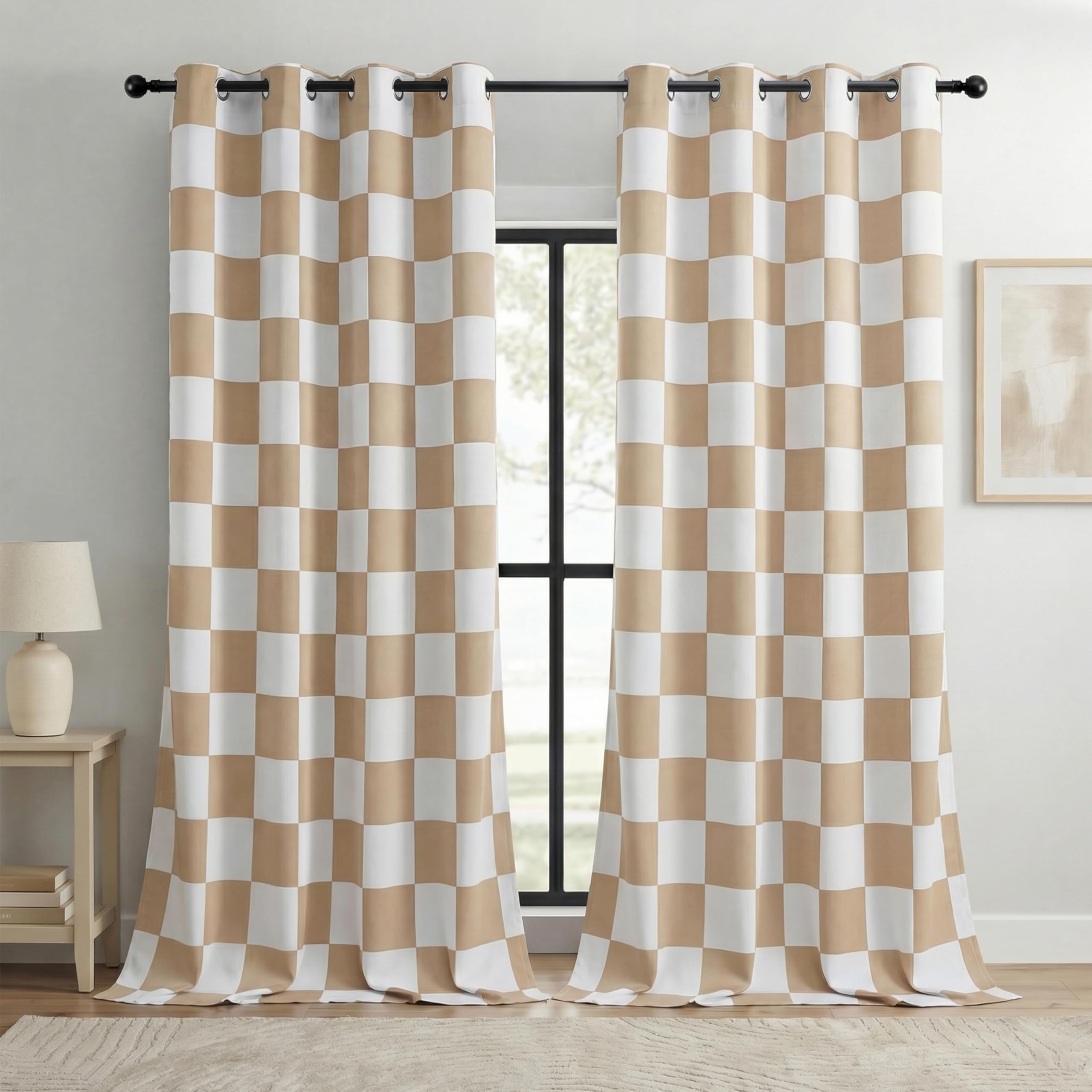 BOHOMOCASA 100% Blackout Curtains – Beige and White Checkered Pattern, 2 Panels, Each W52×L96, Thermal Insulated, Nosie Reducing for Bedroom, Living Room — image 1