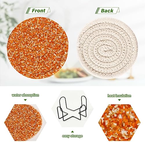 Miniatura 4 de Absorbent Coasters Set with Holder 6 Pack Coasters for Drinks Absorbent Coffee Table Coasters Posavasos para Mesa Orange Glitter