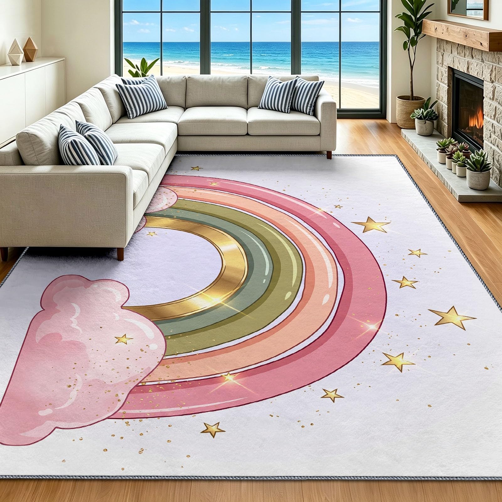 Dywanik do salonu, antypoślizgowy, 100 x 150 cm, biały, nadaje się do prania, łatwy w pielęgnacji, wytrzymały, z motywem z kreskówki, z krótkim włosiem, dywanik nocny, tęczowy, chmury, gwiazdy, dywan