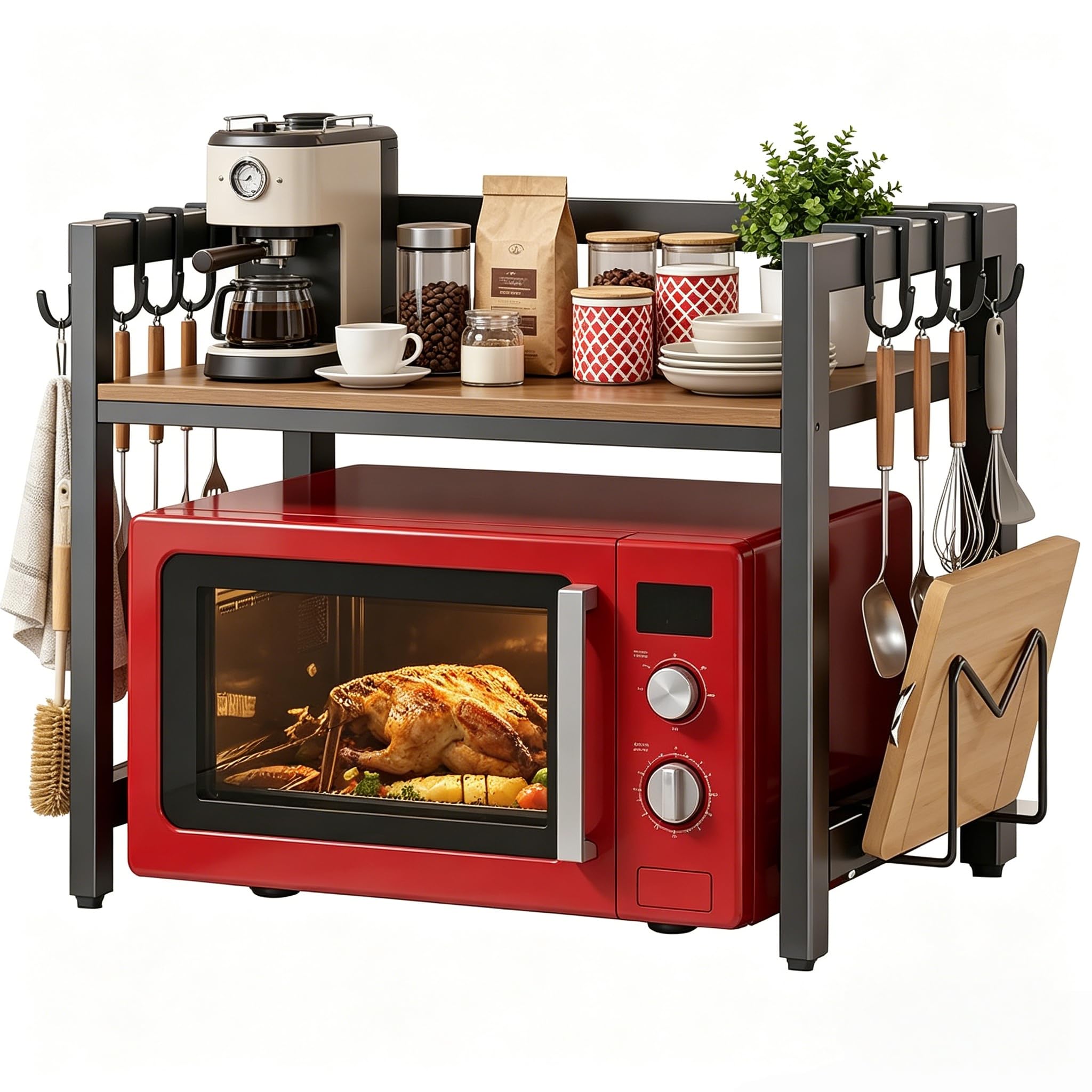 Pippuru Expandable Microwave Shelf, 2 Tier Microwave Stand with 6 Hooks, Air Fryer Shelf Stand, Microwave Oven Rack, Kitchen Countertop Over Microwave Stand Shelf Unit, Bakers Rack