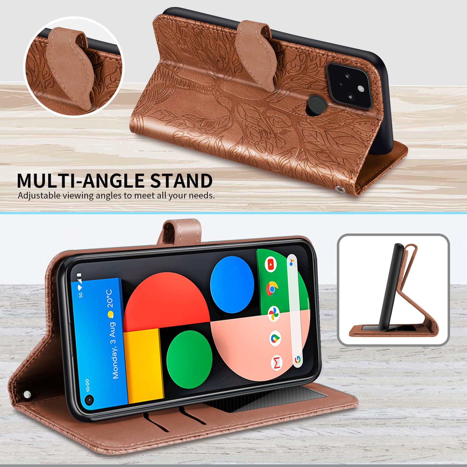 Cover Portafoglio Per Google Pixel 4a 5G: Custodia In Pelle PU Retrò Con Slot E Supporto, Marrone - 2