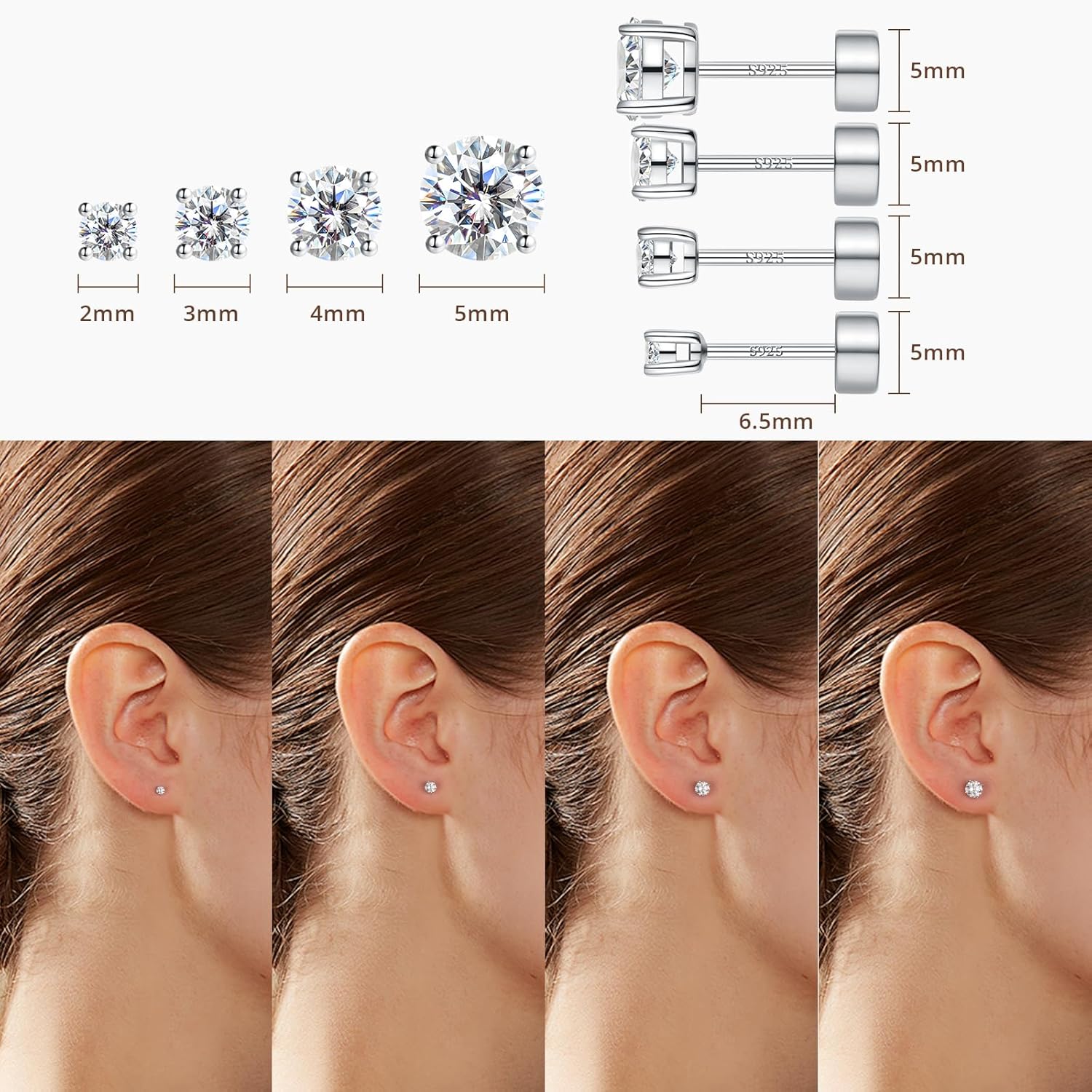 4 Pair Moissanite Stud Earrings Set Gold/Silver, S925 Sterling Silver Flat Back Earrings for Women Men Hypoallergenic 14K/White Gold Plated Helix Cartilage Piercing Jewelry Gift for Her - Image 2