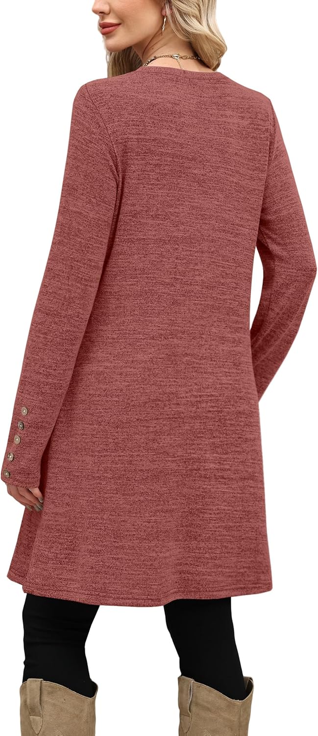 OFEEFAN Long Sleeve Dress for Women Crew Neck Tunic Dress with Pockets Decorative Buttons - Image 4