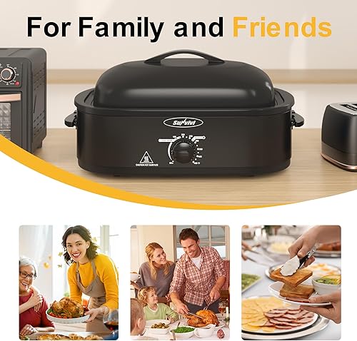 Miniatura 5 de Sunvivi Horno asador eléctrico de 14 cuartos de galón con tapa autohilvanado, horno asador de pavo con sartén y estante extraíbles, acero