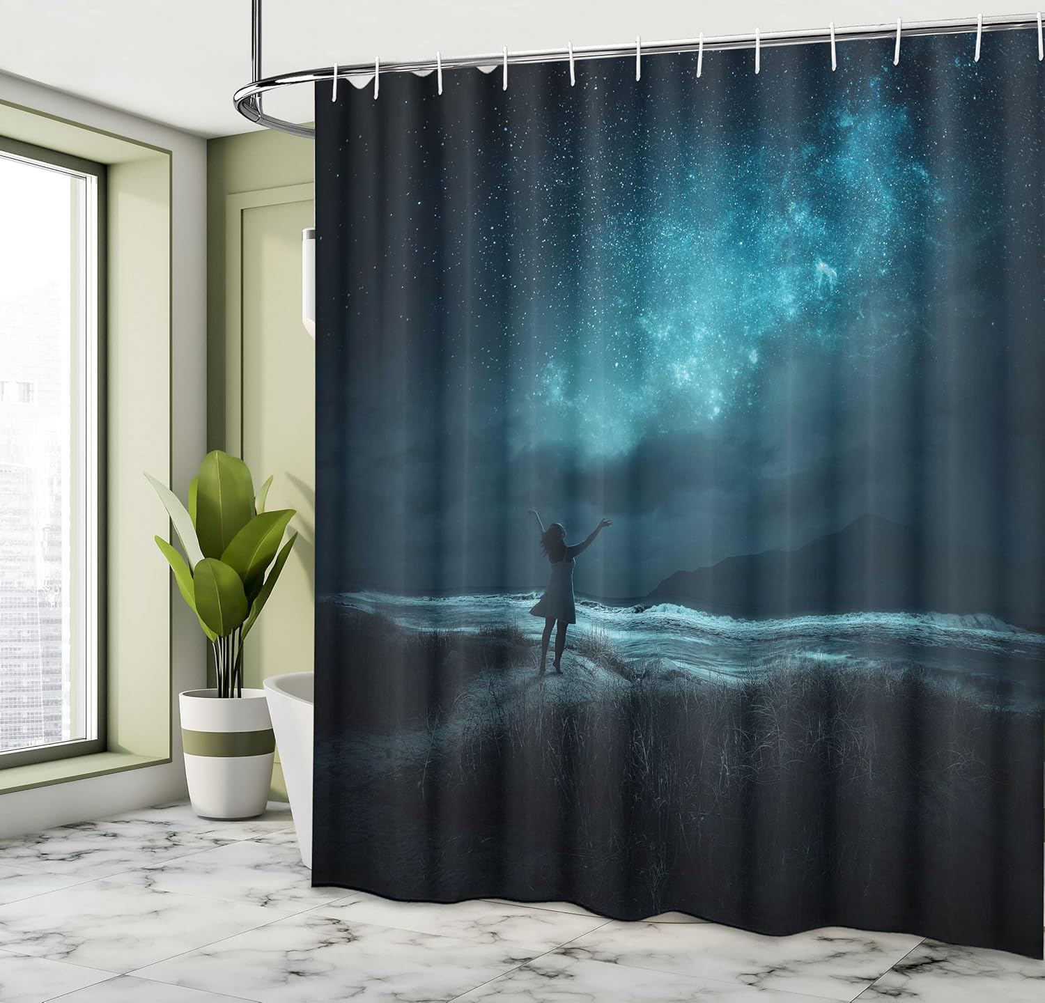Ambesonne Night Sky Shower Curtain, Woman Opening Hands for Wish Ceremony in Full Moon Crescent Image, Cloth Fabric Bathroom Decor Set with Hooks, 69" W x 70" L, Turquoise and Black