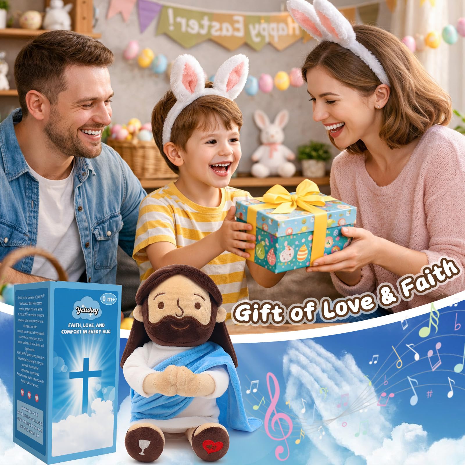 Yelakey 33 cm betender Jesus, Plüsch für Kinder, sprechende Jesus-Puppe für Kirche, Ostergeschenk, Jesus-Plüschpuppe für Sonntagsschule, religiöse und Taufgeschenke, spricht 12 Gebete und 3 Lieder