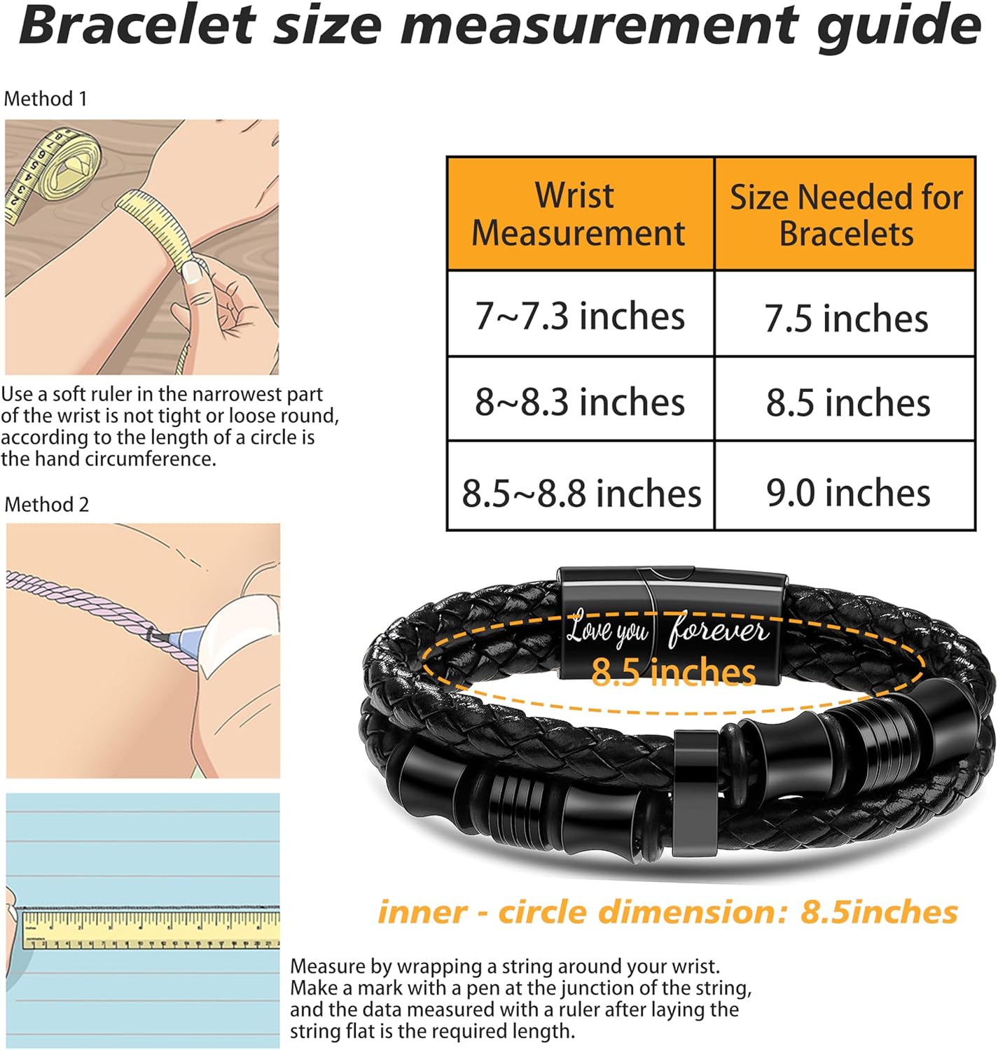 𝐆𝐢𝐟𝐭 𝐟𝐨𝐫 𝐌𝐞𝐧 Braided 𝐋𝐞𝐚𝐭𝐡𝐞𝐫 𝐁𝐫𝐚𝐜𝐞𝐥𝐞𝐭 for Men Dad Husband Boyfriend Son Grandson Brother Stainless Steel Clasp Engraved with Love You Forever Jewelry Birthday Gift 7.5 8.5 9 Inch - Image 3