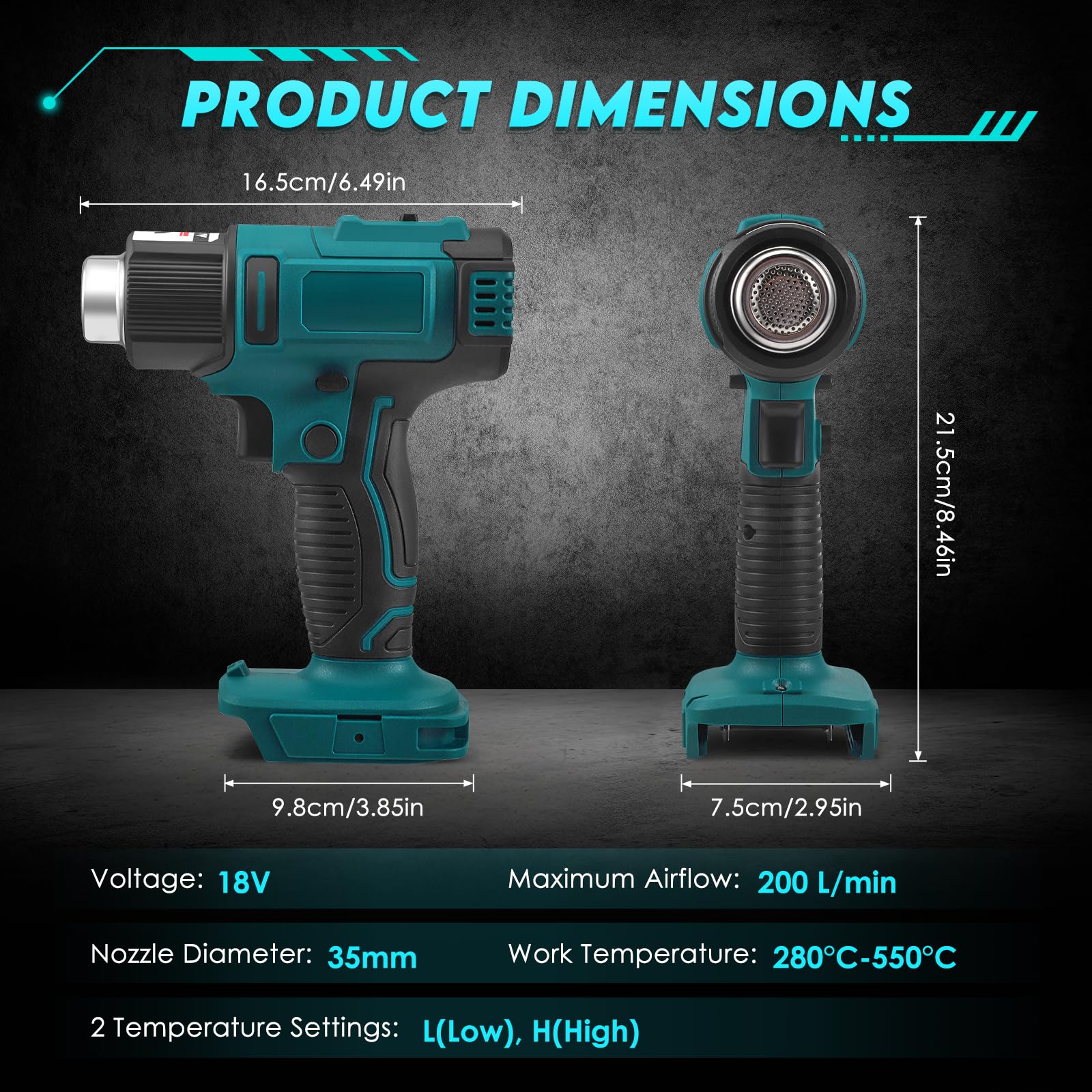Pistolet Air Chaud Sans Fil Makita 18V (Batterie Non Incluse) - 550°C Max, Écran LCD, 8 Buses
