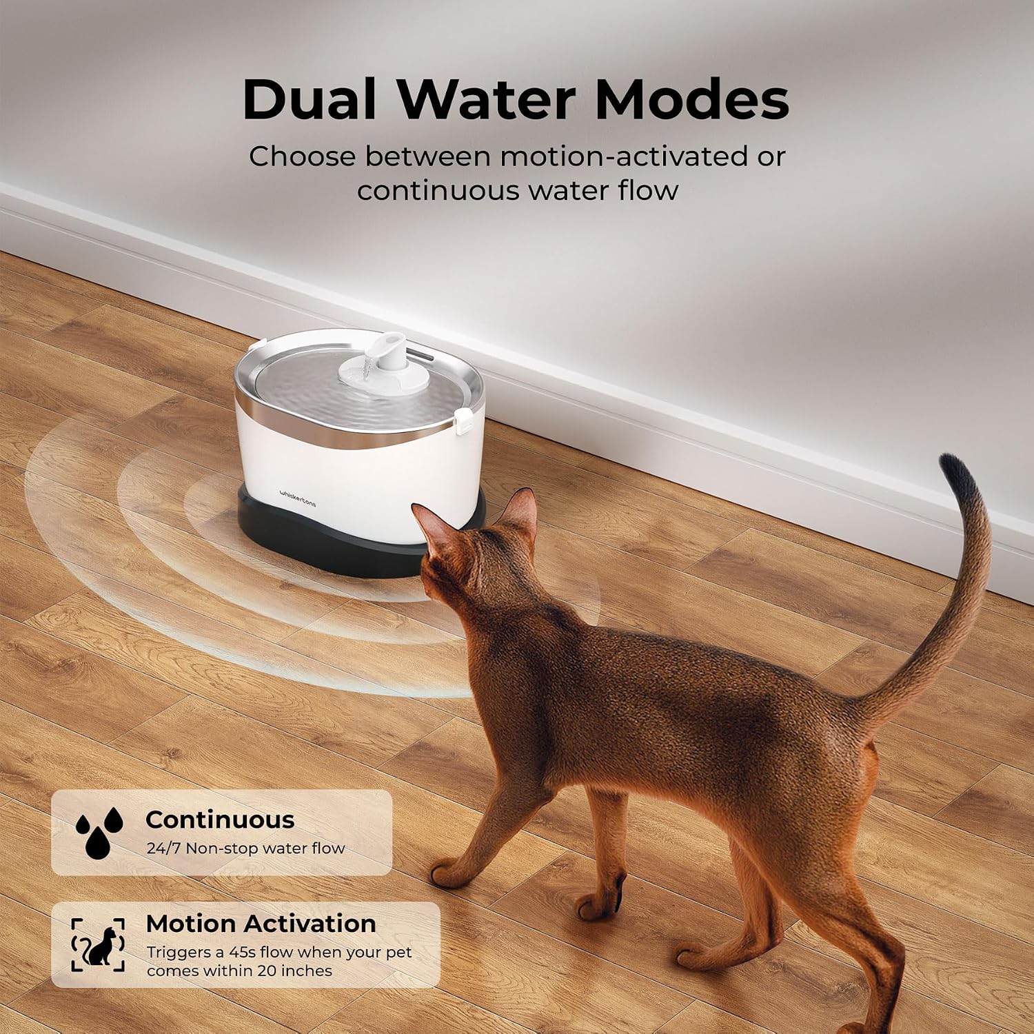 Whiskertons Wireless Cat Water Fountain, Cordless Battery Operated Pet Fountain, 3L/101oz EverMount Cat Fountain, Pet Water Fountains for Cats Indoor, Stainless Steel Tray, Easy to Clean, BPA-Free