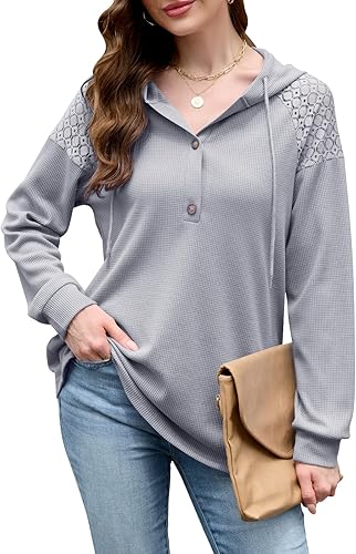 Quatrefox Women's Sweatshirt Casual Long Sleeve V Neck Waffle Knit Pullover Tops