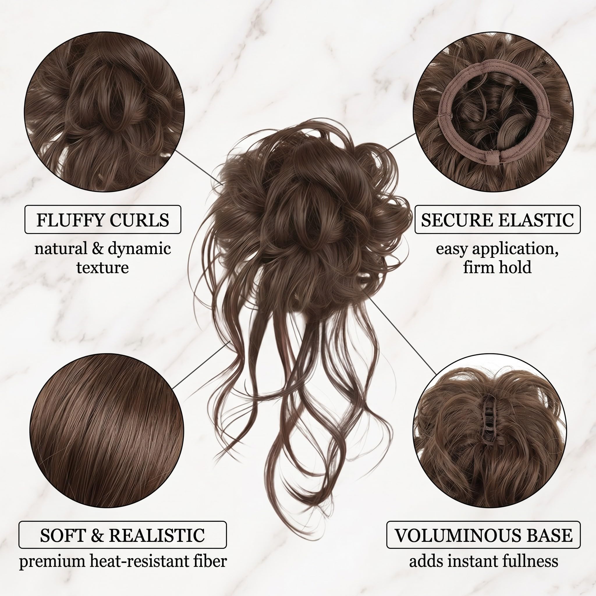 Chignon Postiche Cheveux, Bouclés Ondulés Extensions Chouchou Postiche Cheveux, Faux Chignon Elastique pour Femmes Fille, Brun Clair