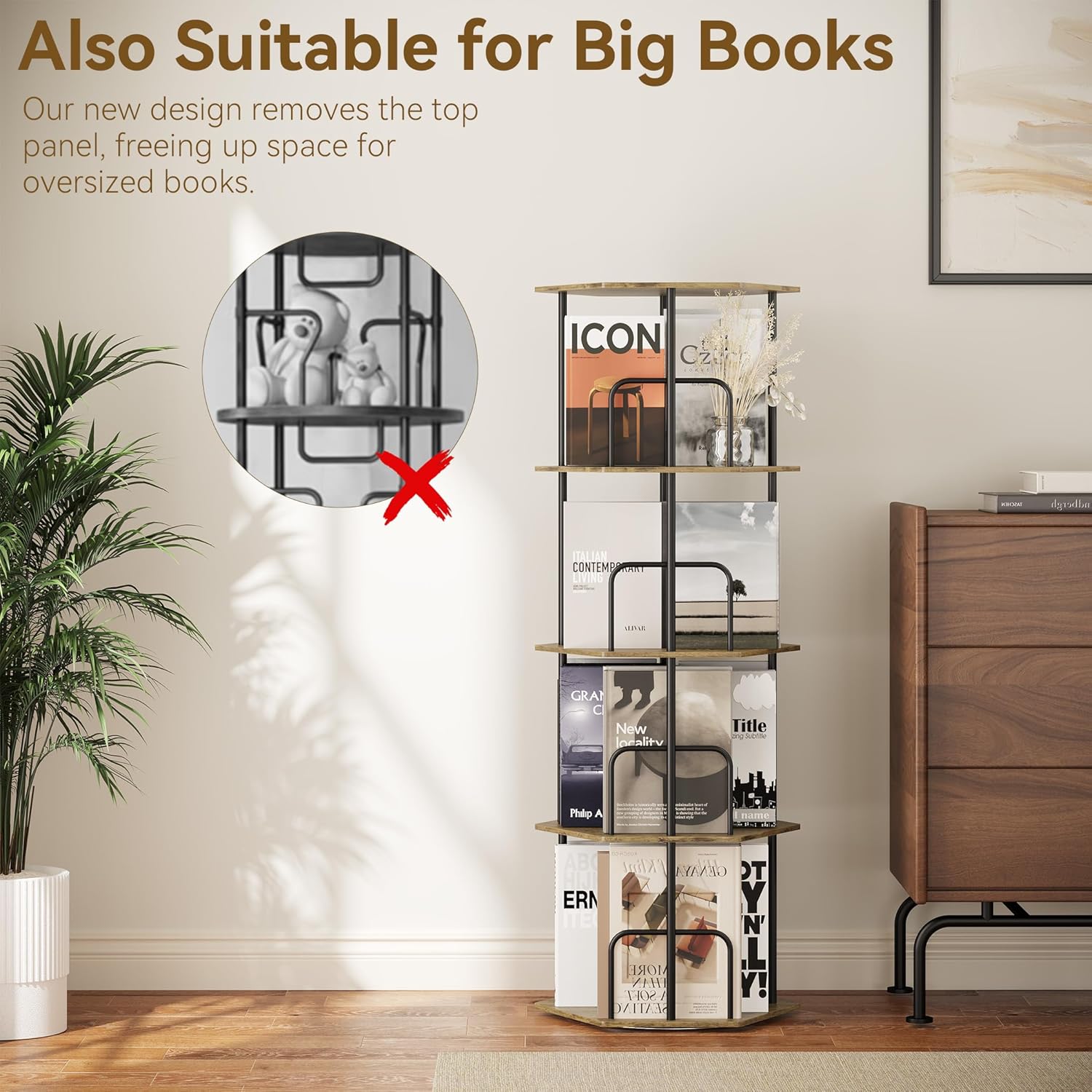 SUNMORY 4 Tier Rotating Bookshelf Tower, Revolving 360 ° Spinning Bookcase, Hexagonal Corner Book Shelf Storage Carousel, Vertical Rotate Turning Organizer Book Shelves for Living Room Office Bedroom - Image 4
