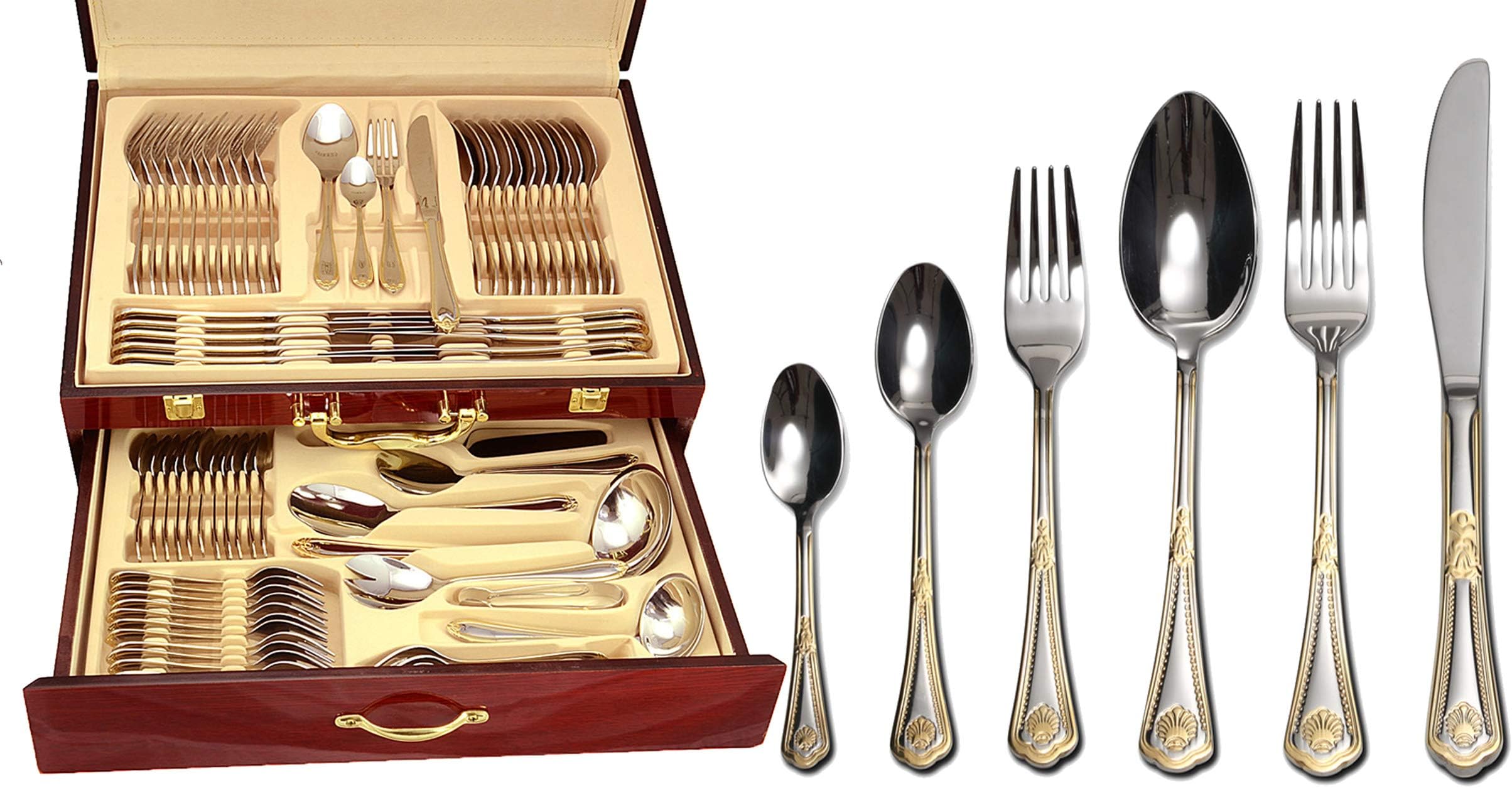 75-Piece Gold Flatware Set Dining Service for 12 - Premium 18/10 Stainless Steel - 24K Gold Plated Trim - Silverware Serving Set Lightweight - Wood Flatware Box - Dishwasher Safe (Miami)