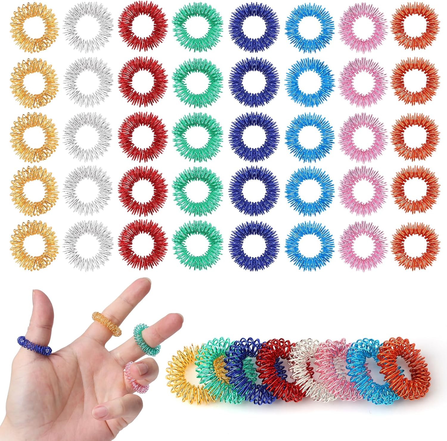 40 Pcs Spring Acupressure Rings, Spiky Sensory Finger Rings,for Fingers Stress Relief Fidget Sensory Massager for Teens Adults, 8 Colours