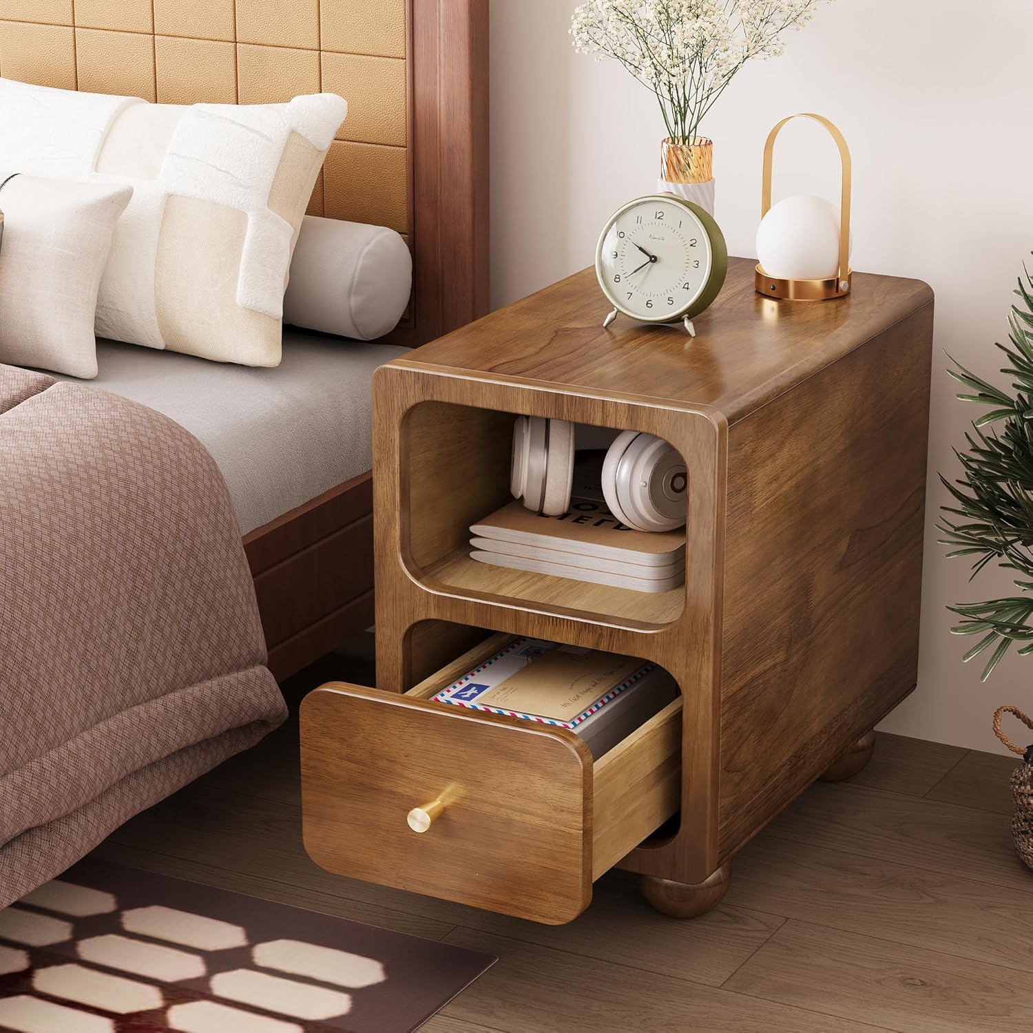 solid wood nightstand, narrow night stand with drawers, walnut mid century modern nightstand, small beside table with open storage shelf for bedroom (12 inch) a.walnut 11.7*15*18.5 inch