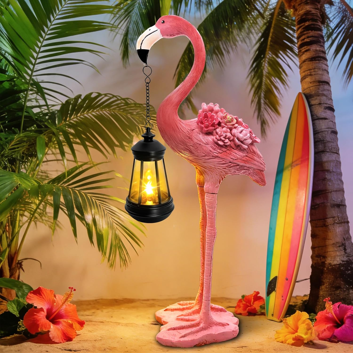 Flamingo Solar Garden Statue, 18.9 Inch Flamingo Figurine with Hanging Solar Lanterns, Outdoor Garden Decor Tropical Sculpture Statues for Patio Yard Porch, Birthday Gifts for Mom Women Mother's Day