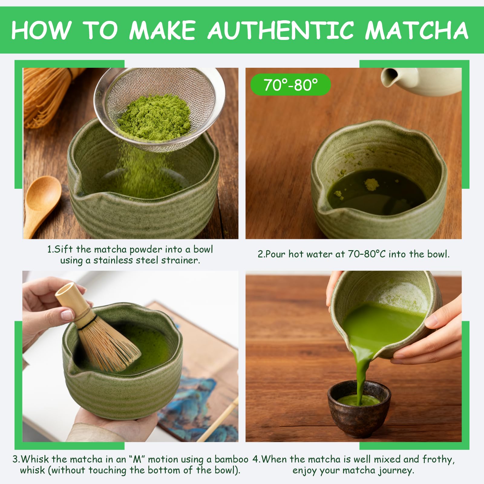 Matcha set – Matcha Kit de 6 piezas, incluye batidor de matcha, colador de acero inoxidable, cuenco para matcha, 2 cucharas de matcha y soporte de cerámica. Ideal para los amantes del matcha