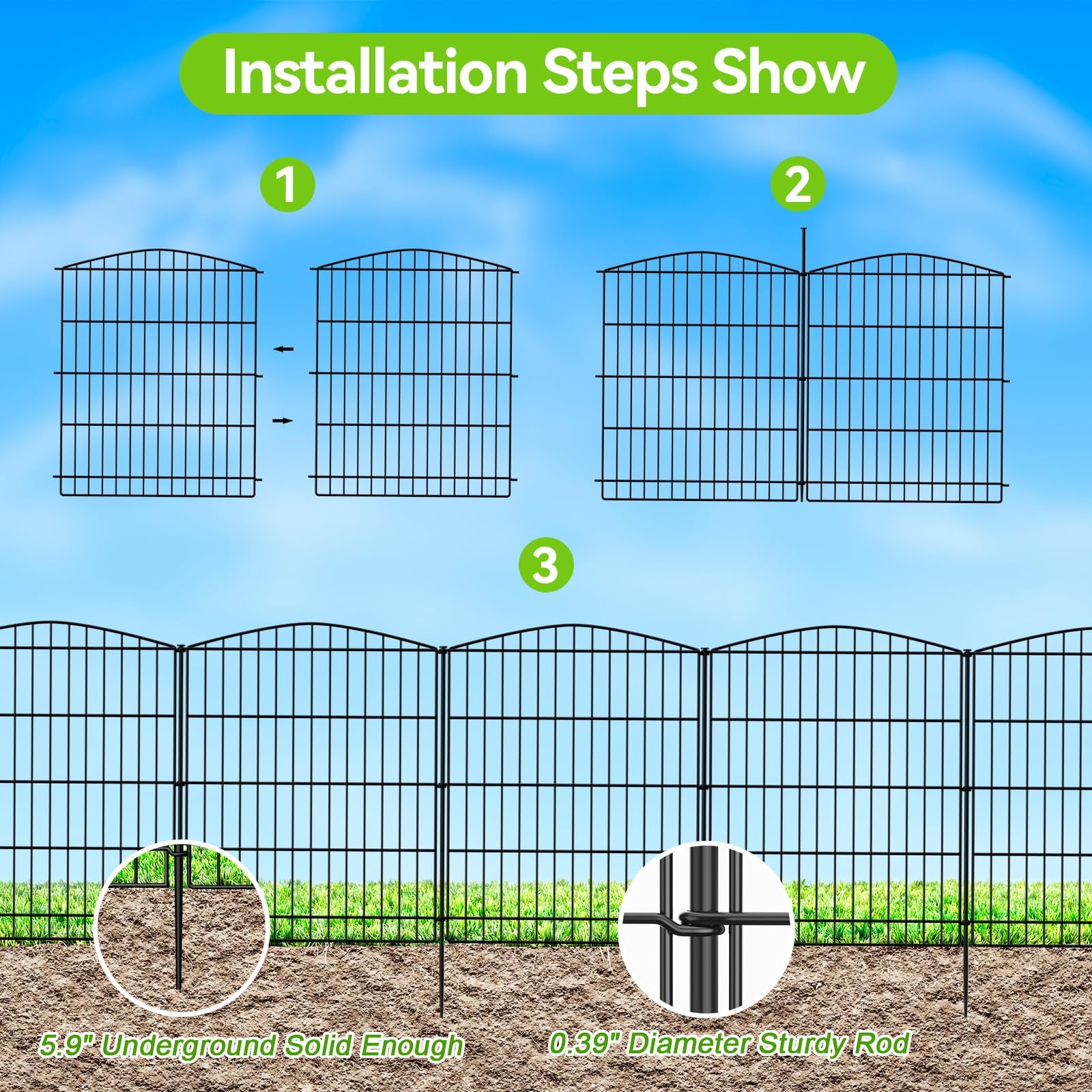 INJOPEXI Garden Fence 6 Panels 11.8ft (L)×30in (H) Decorative Garden Fence with 6 Panels Rustproof Wire No Dig Garden Fence Animal Barrier Fencing Outdoor for Backyard Patio - without Fence Gate