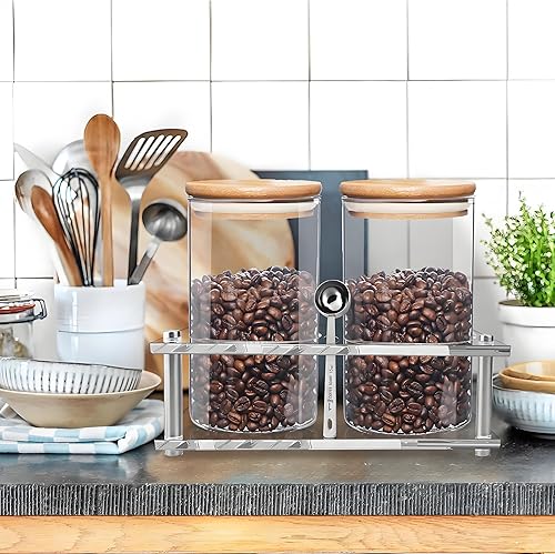 Miniatura 7 de Contenedores de café de vidrio con estante acrílico, 2 recipientes de almacenamiento de alimentos de 44 onzas con tapas herméticas para cocina,
