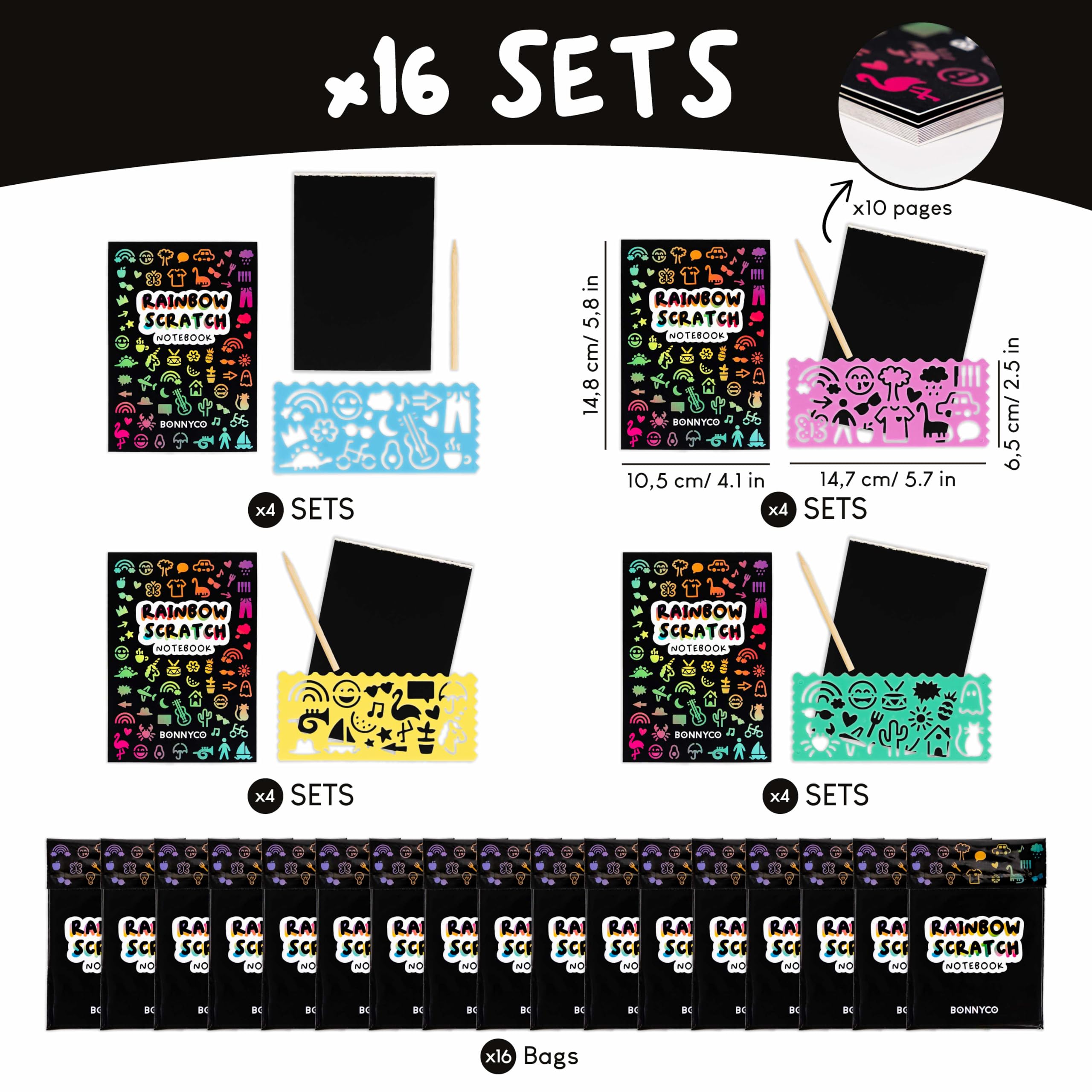 BONNYCO Rainbow Scratch Art for Kids 16 Sets with Notebook - Image 3