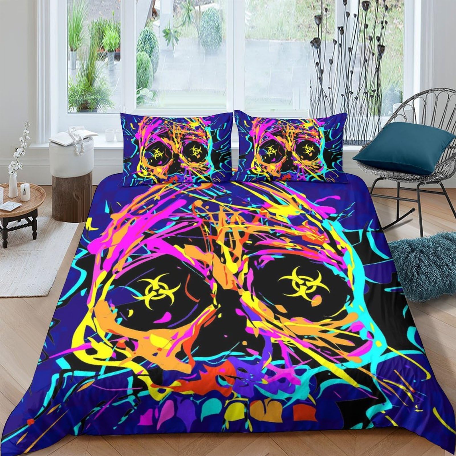 Ctjqhvkz Style-1 3D Printed Neon Graffiti Skull Fitted Sheet Microfiber Anti-Slip Bed Cover For Bedroom Decor Mattress Protection Single（135X200cm）