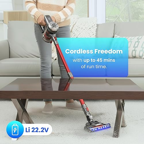 Miniatura 4 de Aspiradora inalámbrica, color rojo, 45 minutos de funcionamiento, faros LED, 2 velocidades, tubo telescópico con cepillo de vacío principal,