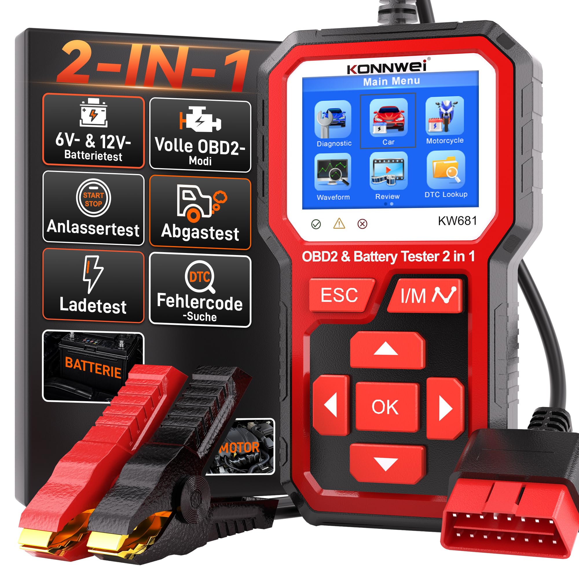 KONNWEI KW681 OBD2 Diagnosegerät Auto Auslesegerät & Batterietester 2-IN-1 | Universal KFZ Fehlercode Lesegerät mit Ein-Klick-I/M, 6V 12V Autobatterie Tester für Batterietests Anlasstests & Ladetests