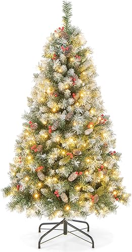 Goplus Árbol de Navidad preiluminado de 9 pies, árbol de Navidad artificial con bisagras con 650 luces LED de color blanco cálido, 8 modos de