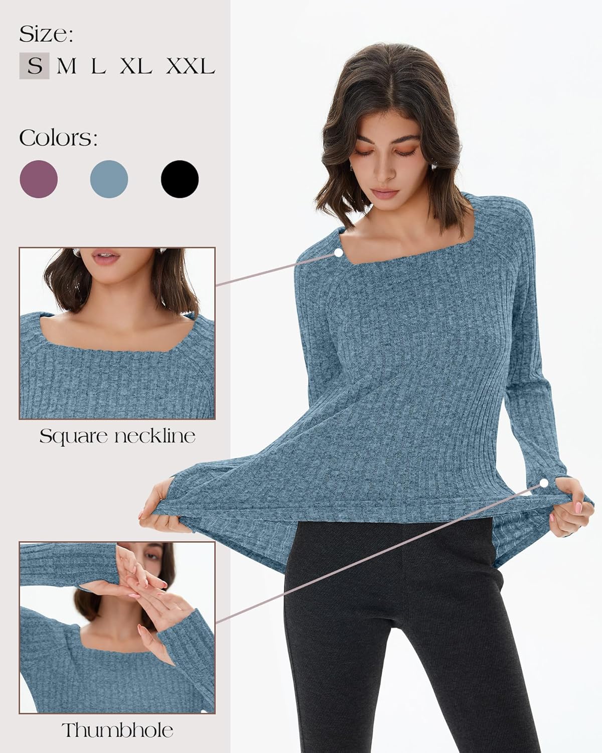 3 Pack Women's Long Sleeve Shirts, Square Neck Loose Fit Tunic Tops Fall Winter Casual Lightweight Sweaters - Image 6