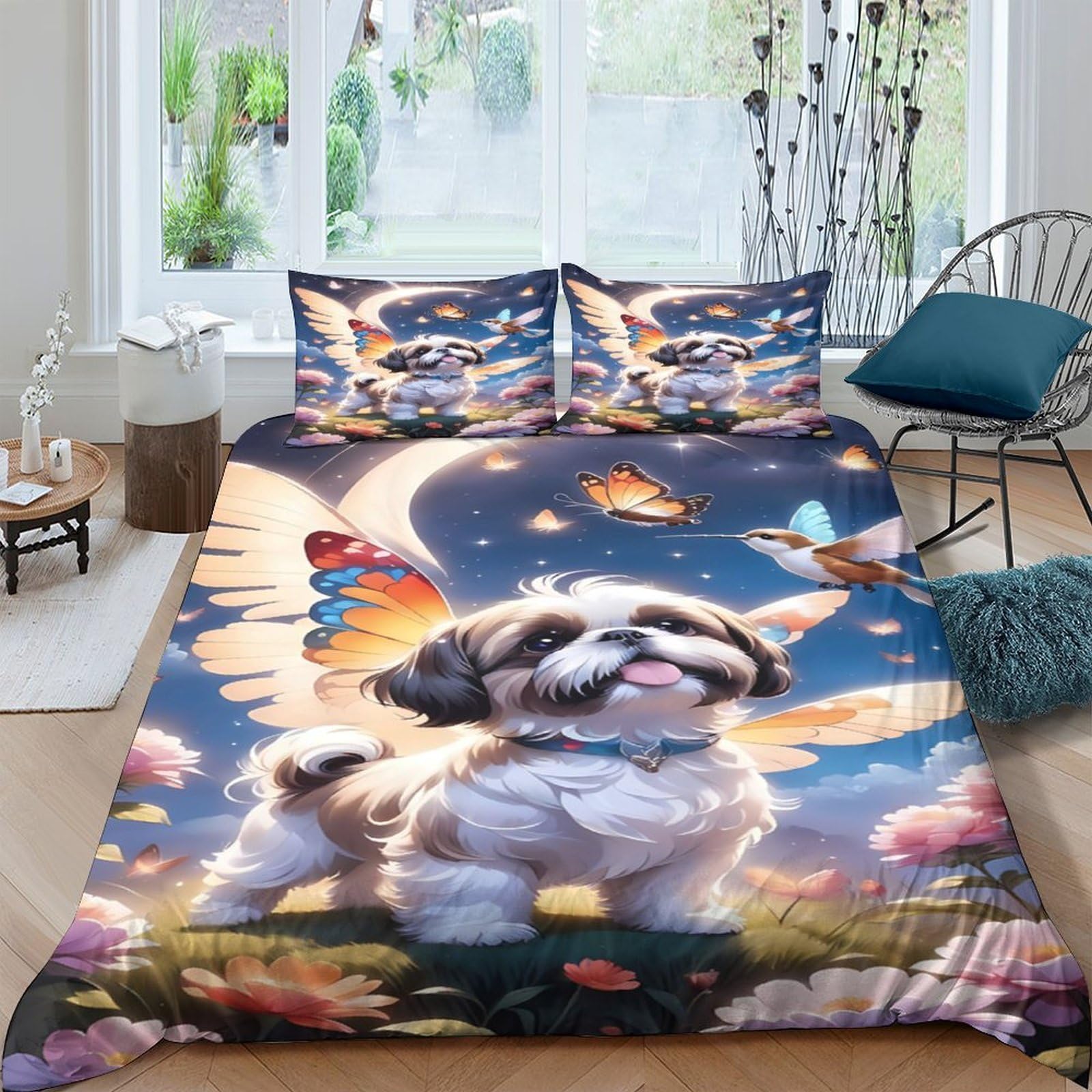 Ctjqhvkz Style-5 3D Printed Puppy Angel Fitted Sheet Microfiber Soft Breathable Butterfly Meadow Mattress Cover Bedroom Decor 119 Single（135X200cm）