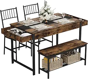 GarveeHome Dining Table Set for 4, Small Kitchen Table and 2 Chairs for 4 with Bench, Space Saving Kitchen Table Set with Storage Rack & Drawers, Breakfast Nook Rectangular Farmhouse Table Set,Retror
