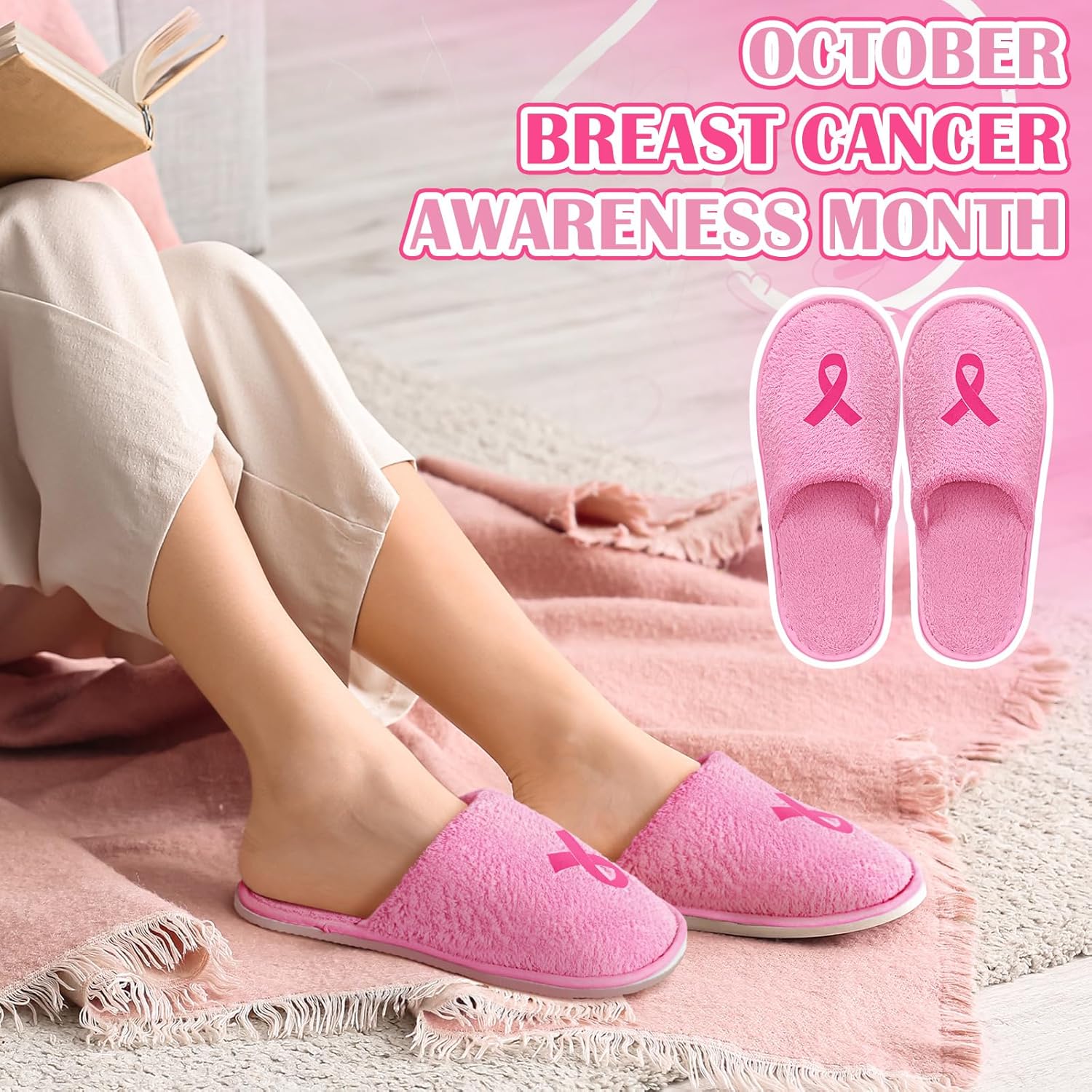 24 Pairs Breast Cancer Awareness Disposable Slippers Gifts Bulk Pink Ribbon Party Favors Charity Supplies Hotel Slippers Spa Slipper Non Slip Washable House Slipper for Adult Women Guests