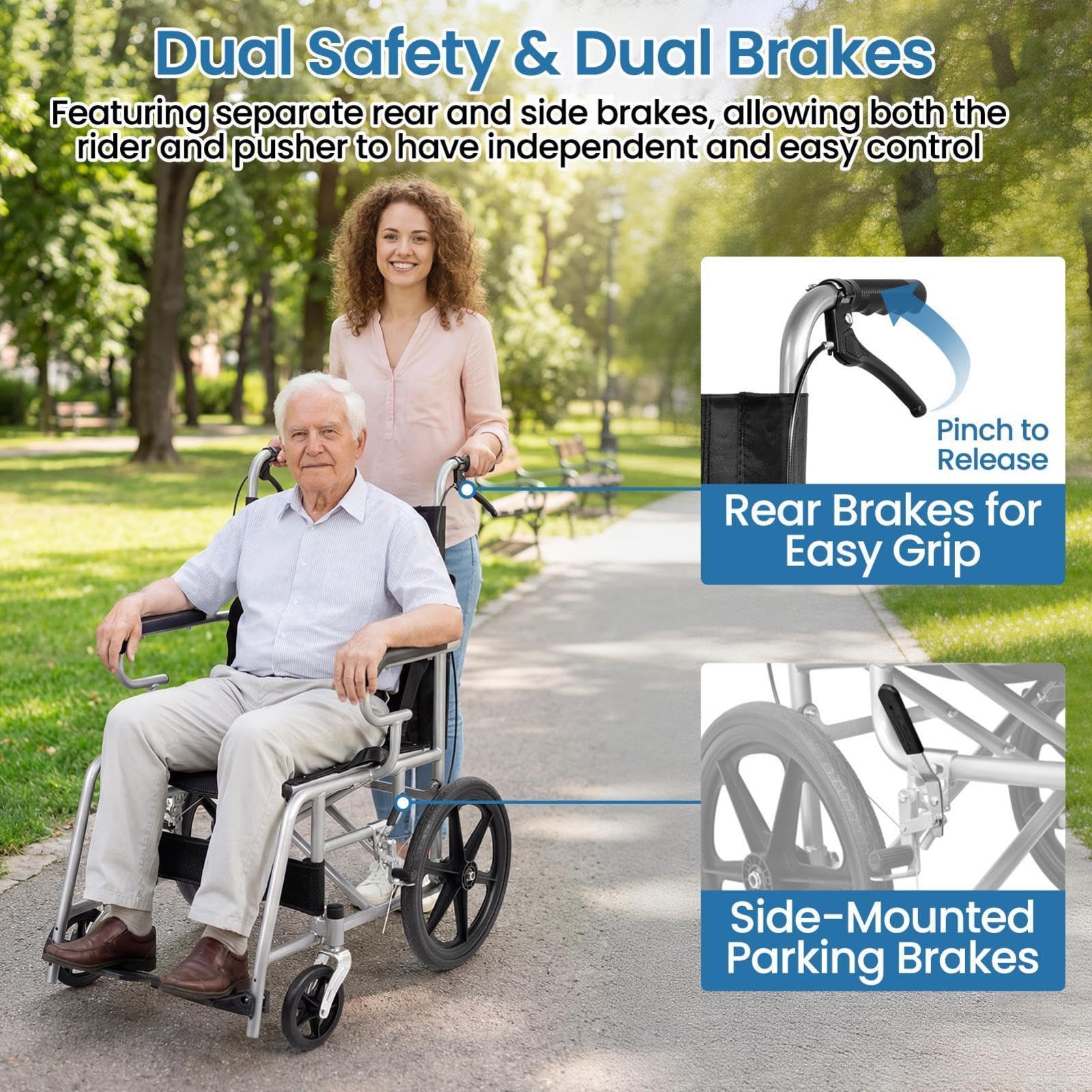 Silla de ruedas plegable ultraligera, 11 kg ruedasde viaje ultraligera | asiento de 45,5 cm, reposapiés, cinturón de seguridad, sillas de ruedas estrecha para doméstico