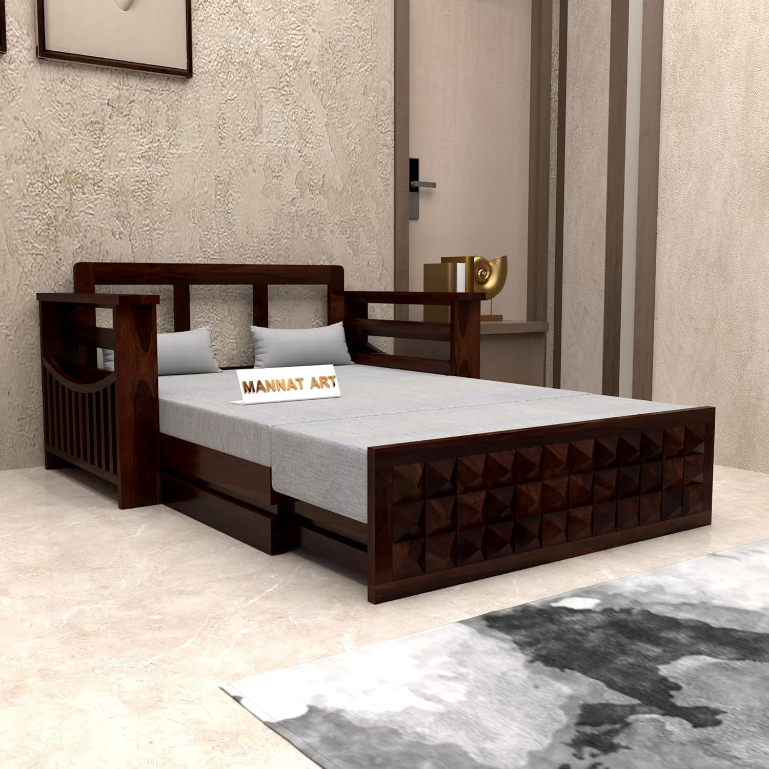 Sheesham Wooden Sofa Cum Bed for Living Room with Pocket Storage – 2 Seater Sofa Cum Bed with Storage – 2 Person Sofa Cum Bed Wooden Furniture with Cushion Seating (Walnut, Saint 2Seater) Sheesham Wooden Sofa Cum Bed for Living Room with Pocket Storage – 2 Seater Sofa Cum Bed with Storage – 2 Person Sofa Cum Bed Wooden Furniture with Cushion Seating (Walnut, Saint 2Seater)