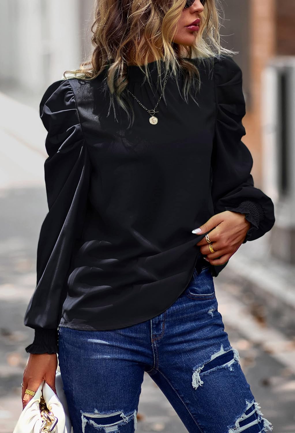 Angashion Womens Tops Casual Crewneck Long Lantern Sleeve Self Tie Blouses Solid Tunic Shirts 2026 - Image 5