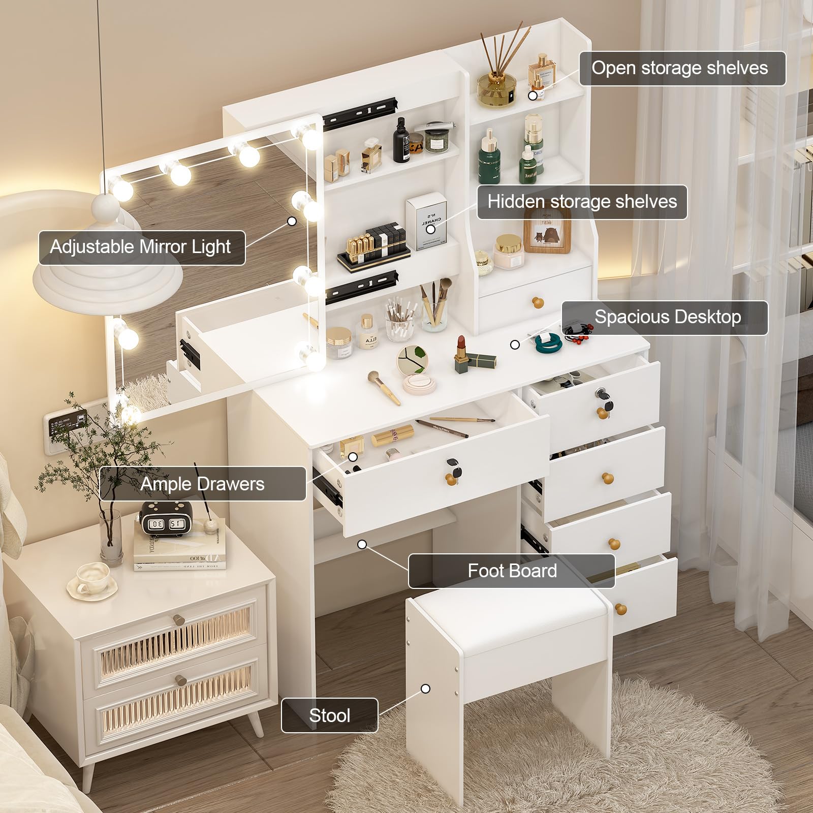 Toeletta da Trucco con Specchio Scorrevole e Sgabello, Scrivania Make Up Ampia con Luci Dimmerabili, 6 Cassetti e 6 Ripiani, 36×80×132 cm, Bianco, J72806