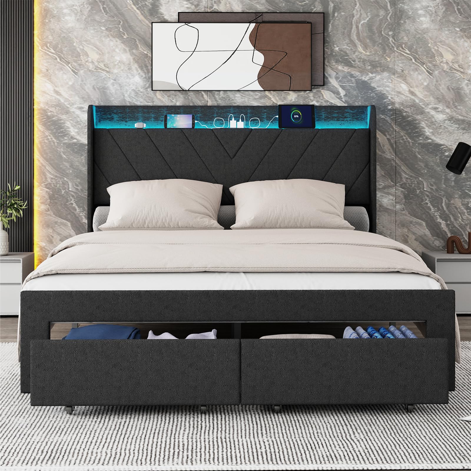Full Bed Frame with Headboard and 2 Storge Drawers Upholstered Platform Bed Frame Queen Size with Charging Station & LED Heavy-Duty Metal Slats Support No Box Spring Needed, Noise Free Easy Assembly