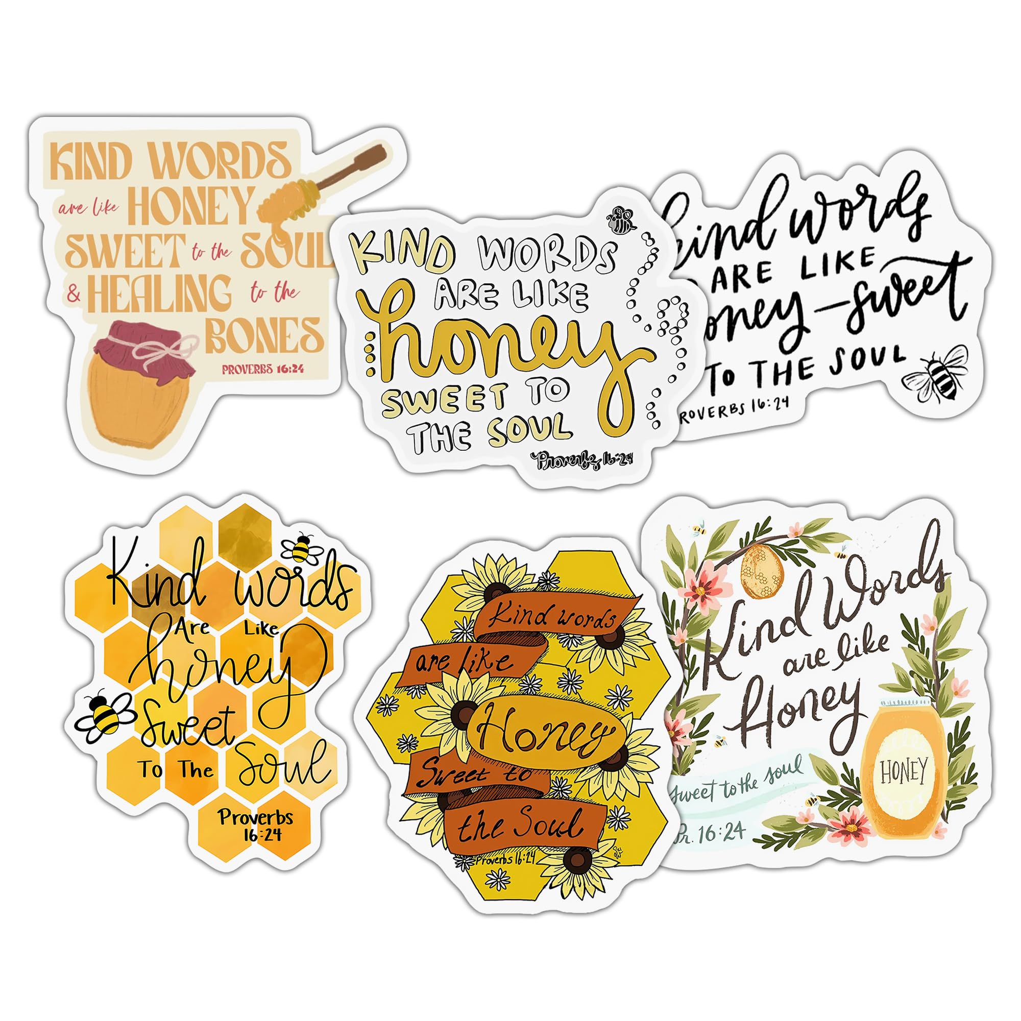 Pack 6 Proverbs 16 24 Kind Words are Like Honey Sweet to The Soul Bible Verse, Christian Sticker 3 Inch Waterproof Vinyl Decals