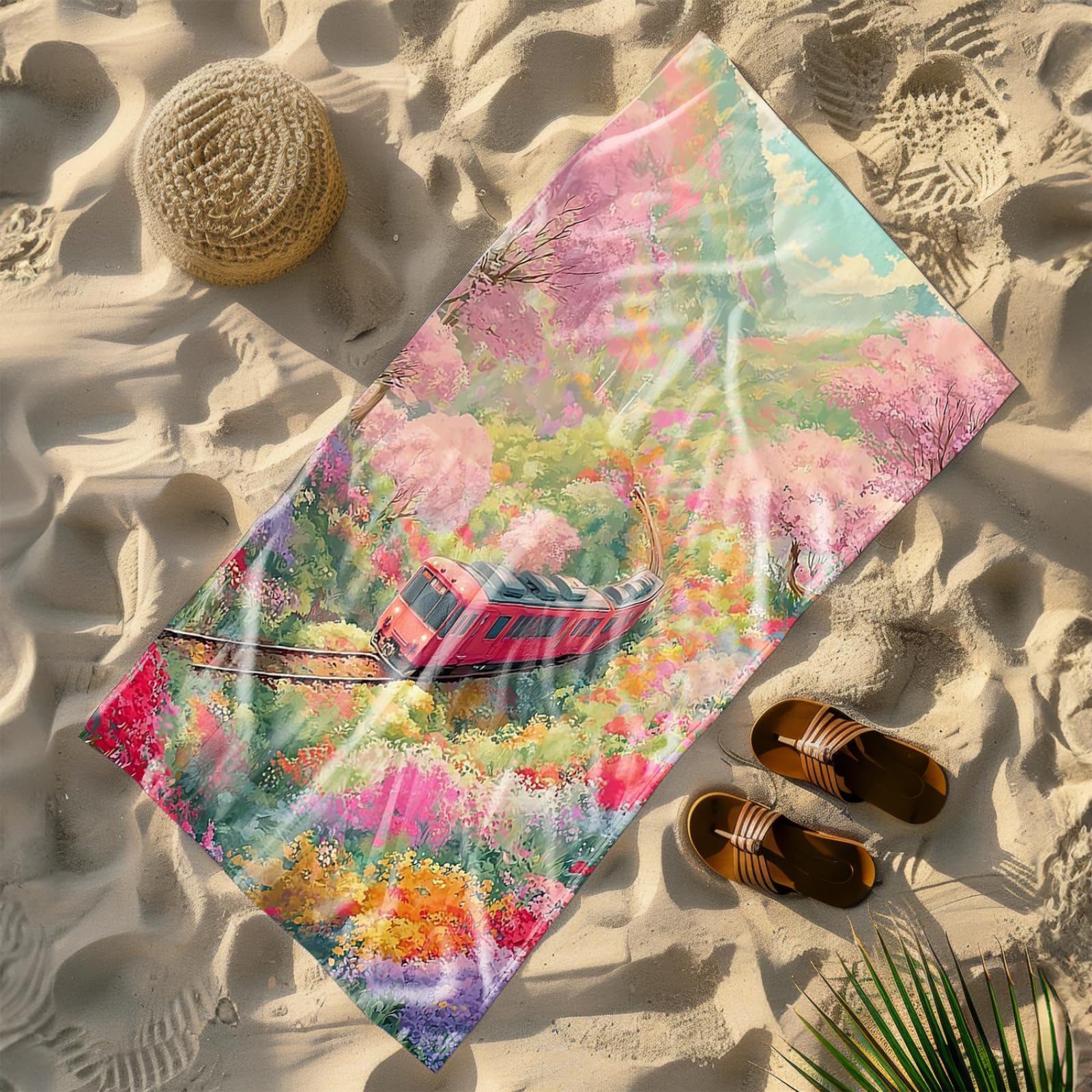 Tapis de Plage XXL Anti Sable Train, Rouge Serviette Piscine Adulte,Natte De Plage Pliable, Voyage Accessoires De Plage Camping,Serviette de Bain Personnalisée