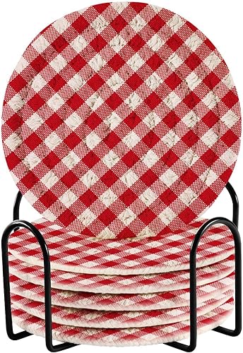 Juego de posavasos con soporte, paquete de 6 posavasos absorbentes para oficina, posavasos para mesa, diseño de búfalo rojo a cuadros
