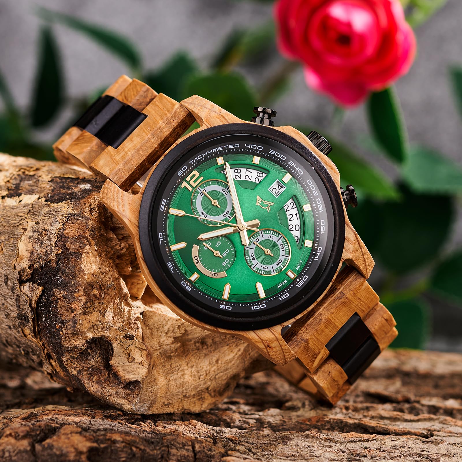 2win Reloj de madera grabado para marido y hombre, cronógrafo para hombre con llamativa esfera verde y diseño único de madera, regalo de aniversario, cumpleaños, Navidad, San Valentín para él