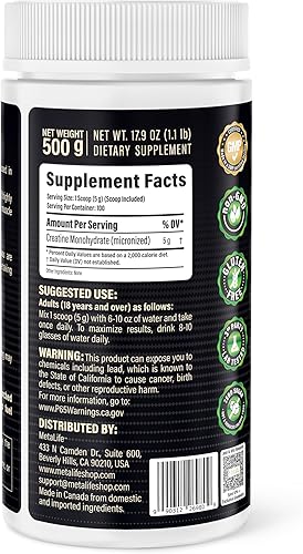 Miniatura 15 de Monohidrato de creatina en polvo 100% puro, fabricado en Canadá, 17.64 oz (100 porciones) de polvo micronizado, crecimiento muscular, sin sabor,