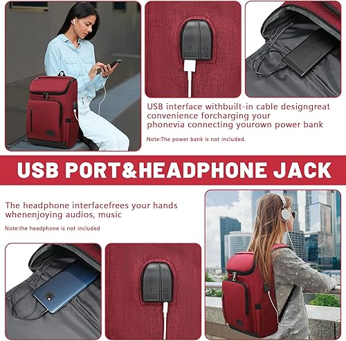 Miniatura 5 de YALUNDISI Mochila vintage con puerto de carga USB para mujeres y hombres, Rojo -, Mochila para laptop
